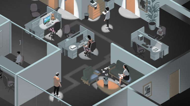 Graphical illustration of an office environment where employees interact with their surroundings, demonstrating how one's environment can influence their actions.